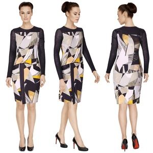 Helmut Lang abstract Cubist geo print long sleeve drop waist crepe dress size P